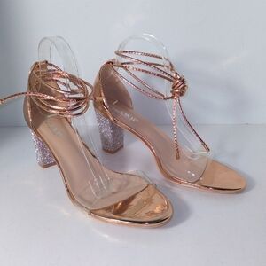 LALA IKAI Women's Elegant Gold And Clear Strap Up Open Toe Bedazzled Heels 40.5